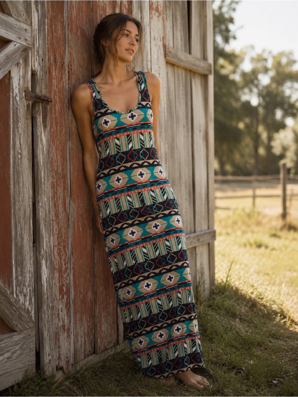 NWOT Love Ari Black Aztec Boho Whimsy Print Maxi Dress Size Large